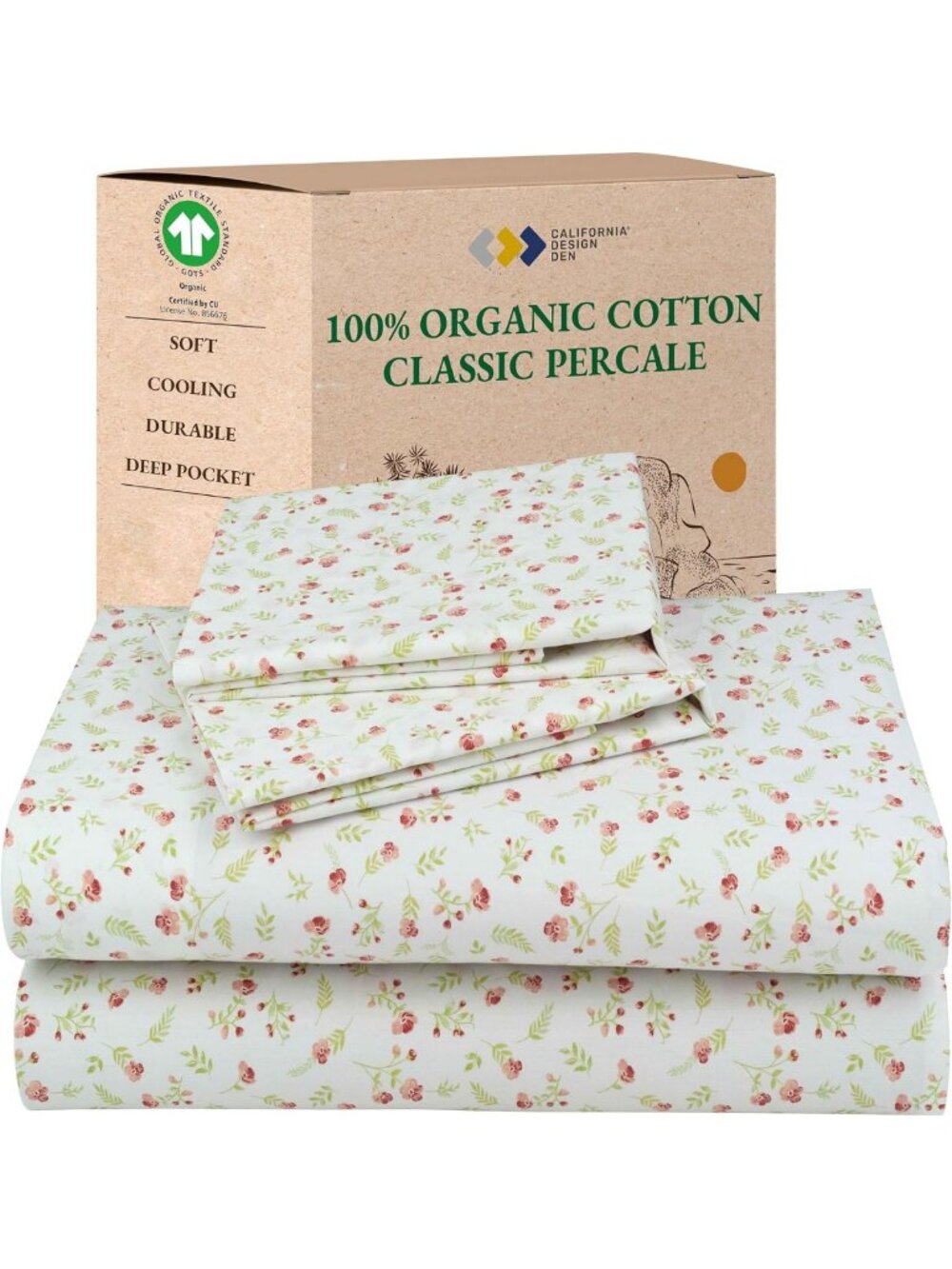 Floral Print 100% Organic Cotton Queen Size Sheets Set - Soft & Eco-Friendly
